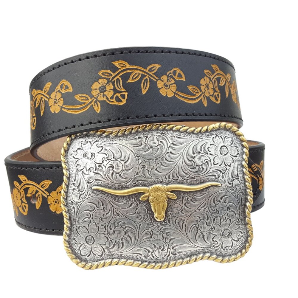 Horn Buckle with Hand Painted Embossed Floral belt